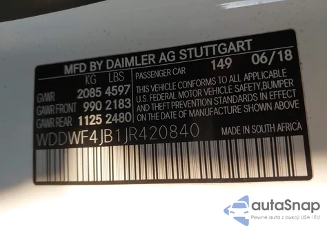 2018 Mercedes-Benz C 300 from USA, damaged, VIN WDDWF4JB1JR420840